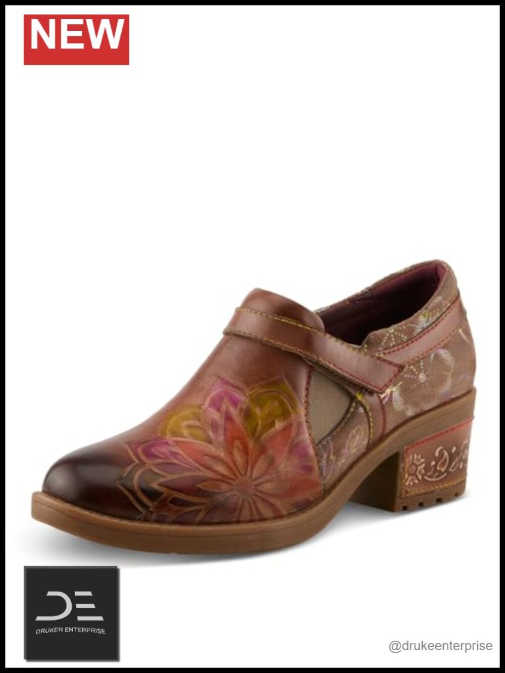 Hand-Painted Leather Floral Loafers Cushioned Hook & Loop Slip-On Wedge